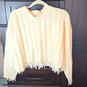 Cream Distressed Cropped Sweater